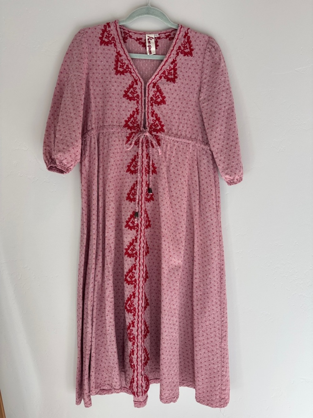 Prairie Dress Pink Embroidered Maxi Dress with Red Trim. Costume. Women’s Medium - Picture 2 of 10